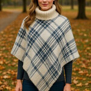 🩶 Plaid Turtleneck Poncho – Soft Cozy One Size Fit